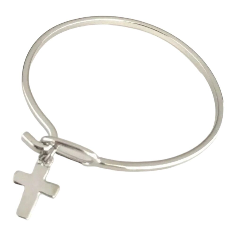 New Cross Charm Bangle Bracelet Silver Tone Religious Jewelry - 6K